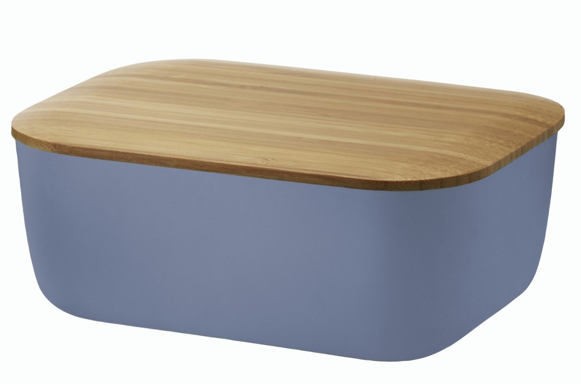 Dunkelblaue BOX-IT Butterdose von RIG-TIG by Stelton mit Bambusdeckel für die Aufbewahrung von Butter.